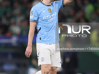 Erling Haaland of Manchester City shows appreciation to the fans after the UEFA Champions League match between Sporting CP and Manchester Ci...