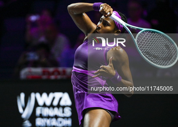 RIYADH, SAUDI ARABIA - NOVEMBER 05: Coco Gauff of USA during her match against Iga Swiatek of Poland, on day 4 of the 2024 WTA Finals, part...