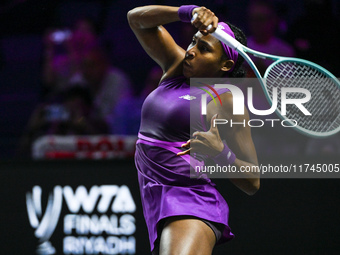 RIYADH, SAUDI ARABIA - NOVEMBER 05: Coco Gauff of USA during her match against Iga Swiatek of Poland, on day 4 of the 2024 WTA Finals, part...