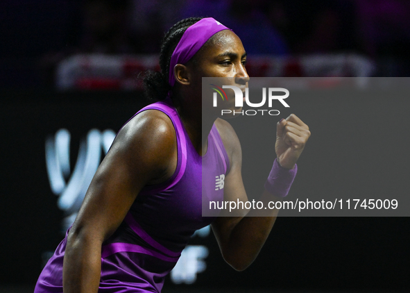 RIYADH, SAUDI ARABIA - NOVEMBER 05: Coco Gauff of USA during her match against Iga Swiatek of Poland, on day 4 of the 2024 WTA Finals, part...