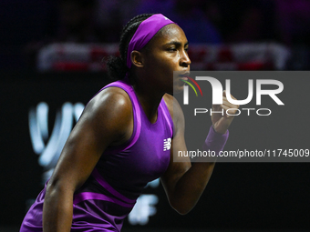 RIYADH, SAUDI ARABIA - NOVEMBER 05: Coco Gauff of USA during her match against Iga Swiatek of Poland, on day 4 of the 2024 WTA Finals, part...