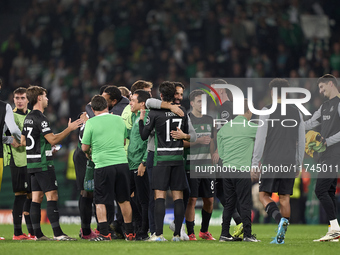 Players of Sporting CP celebrate victory after the UEFA Champions League match between Sporting CP and Manchester City at Jose Alvalade Stad...