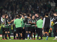 Players of Sporting CP celebrate victory after the UEFA Champions League match between Sporting CP and Manchester City at Jose Alvalade Stad...