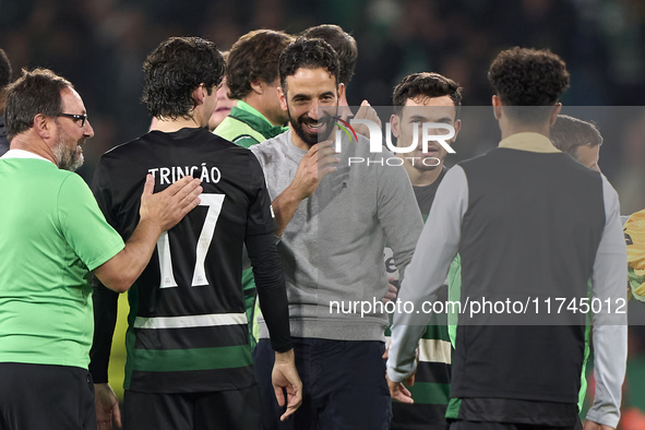 Ruben Amorim, Head Coach of Sporting CP, celebrates victory with his players after the UEFA Champions League match between Sporting CP and M...