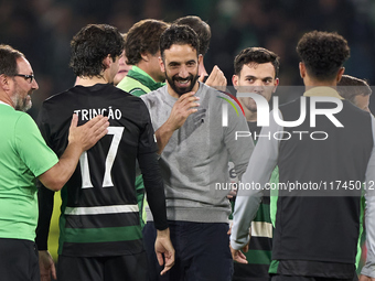 Ruben Amorim, Head Coach of Sporting CP, celebrates victory with his players after the UEFA Champions League match between Sporting CP and M...