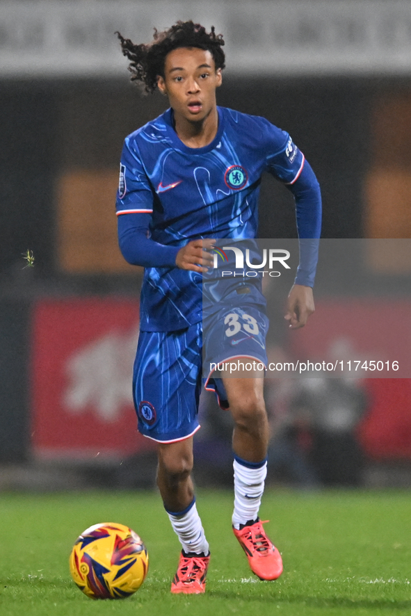 Kiano Dyer (33 Chelsea) controls the ball during the EFL Trophy match between Cambridge United and Chelsea Under 21s at the Cledara Abbey St...