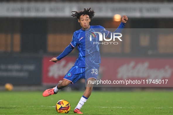 Kiano Dyer (33 Chelsea) passes the ball during the EFL Trophy match between Cambridge United and Chelsea Under 21s at the Cledara Abbey Stad...