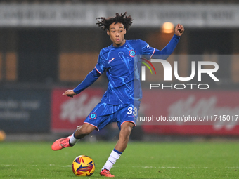 Kiano Dyer (33 Chelsea) passes the ball during the EFL Trophy match between Cambridge United and Chelsea Under 21s at the Cledara Abbey Stad...