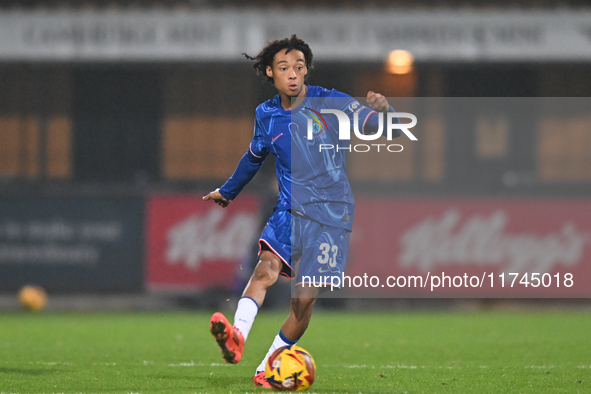 Kiano Dyer (33 Chelsea) passes the ball during the EFL Trophy match between Cambridge United and Chelsea Under 21s at the Cledara Abbey Stad...