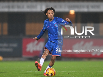 Kiano Dyer (33 Chelsea) passes the ball during the EFL Trophy match between Cambridge United and Chelsea Under 21s at the Cledara Abbey Stad...