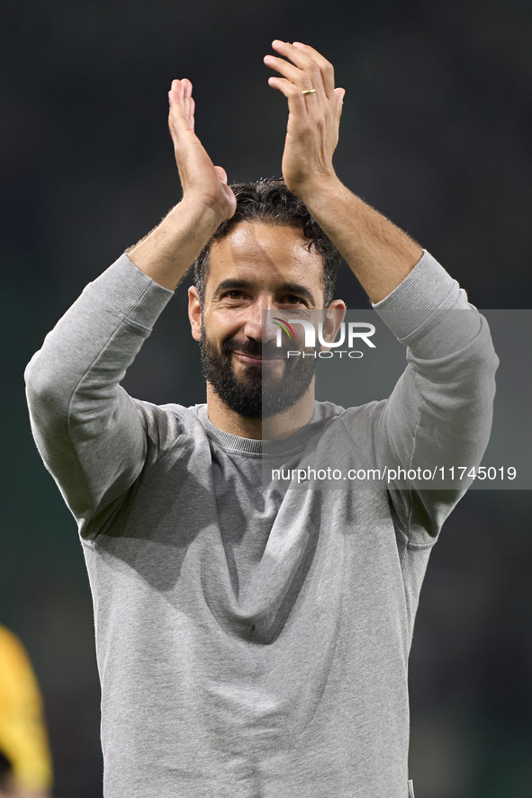 Ruben Amorim, Head Coach of Sporting CP, shows appreciation to the fans after the UEFA Champions League match between Sporting CP and Manche...