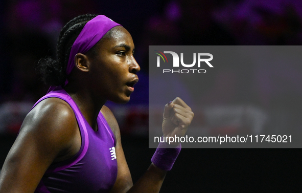 RIYADH, SAUDI ARABIA - NOVEMBER 05: Coco Gauff of USA during her match against Iga Swiatek of Poland, on day 4 of the 2024 WTA Finals, part...