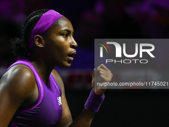 RIYADH, SAUDI ARABIA - NOVEMBER 05: Coco Gauff of USA during her match against Iga Swiatek of Poland, on day 4 of the 2024 WTA Finals, part...