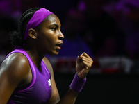 RIYADH, SAUDI ARABIA - NOVEMBER 05: Coco Gauff of USA during her match against Iga Swiatek of Poland, on day 4 of the 2024 WTA Finals, part...