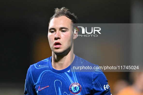 Harvey Vale (43 Chelsea) participates in the EFL Trophy match between Cambridge United and Chelsea Under 21s at the Cledara Abbey Stadium in...