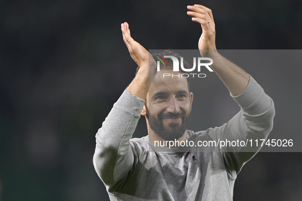 Ruben Amorim, Head Coach of Sporting CP, shows appreciation to the fans after the UEFA Champions League match between Sporting CP and Manche...