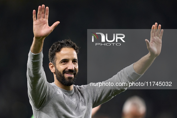 Ruben Amorim, Head Coach of Sporting CP, shows appreciation to the fans after the UEFA Champions League match between Sporting CP and Manche...