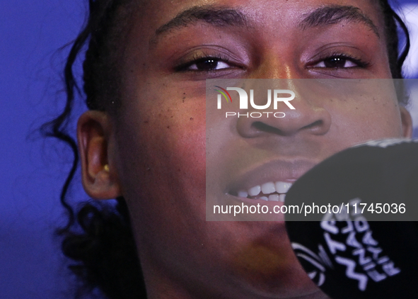 RIYADH, SAUDI ARABIA - NOVEMBER 05: Coco Gauff of USA during a press conference after she won against Iga Swiatek of Poland, on day 4 of the...