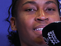 RIYADH, SAUDI ARABIA - NOVEMBER 05: Coco Gauff of USA during a press conference after she won against Iga Swiatek of Poland, on day 4 of the...