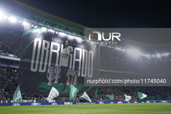 A banner in appreciation of Ruben Amorim, Head Coach of Sporting CP, is displayed before the UEFA Champions League match between Sporting CP...