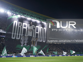 A banner in appreciation of Ruben Amorim, Head Coach of Sporting CP, is displayed before the UEFA Champions League match between Sporting CP...