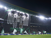 A banner in appreciation of Ruben Amorim, Head Coach of Sporting CP, is displayed before the UEFA Champions League match between Sporting CP...