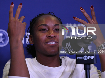 RIYADH, SAUDI ARABIA - NOVEMBER 05: Coco Gauff of USA during a press conference after she won against Iga Swiatek of Poland, on day 4 of the...