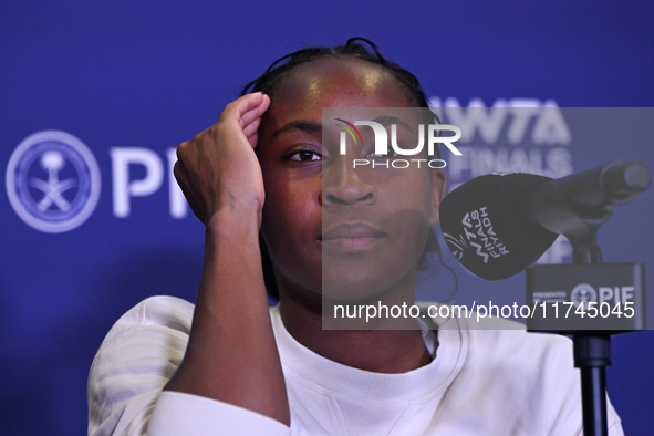 RIYADH, SAUDI ARABIA - NOVEMBER 05: Coco Gauff of USA during a press conference after she won against Iga Swiatek of Poland, on day 4 of the...