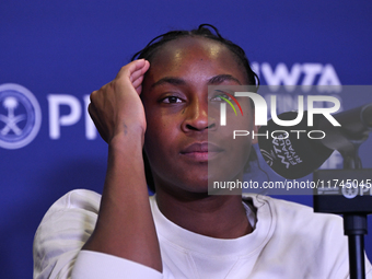 RIYADH, SAUDI ARABIA - NOVEMBER 05: Coco Gauff of USA during a press conference after she won against Iga Swiatek of Poland, on day 4 of the...