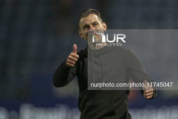 Wycombe Wanderers F.C. manager Matt Bloomfield salutes the fans at full time during the Sky Bet League 1 match between Stockport County and...