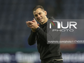 Wycombe Wanderers F.C. manager Matt Bloomfield salutes the fans at full time during the Sky Bet League 1 match between Stockport County and...