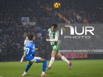 Cameron Humphreys #20 of Wycombe Wanderers F.C. heads the ball during the Sky Bet League 1 match between Stockport County and Wycombe Wander...