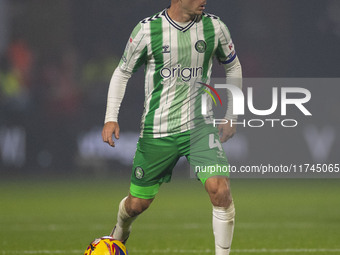 Josh Scowen, number 4 of Wycombe Wanderers F.C., participates in the Sky Bet League 1 match between Stockport County and Wycombe Wanderers a...