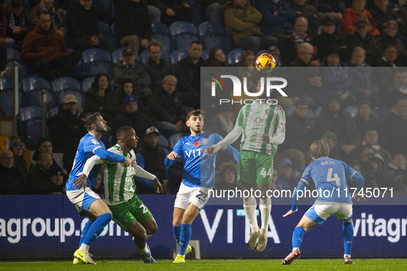 Fred Onyedinma, number 44 of Wycombe Wanderers F.C., heads the ball during the Sky Bet League 1 match between Stockport County and Wycombe W...