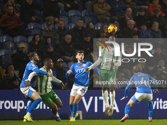 Fred Onyedinma, number 44 of Wycombe Wanderers F.C., heads the ball during the Sky Bet League 1 match between Stockport County and Wycombe W...