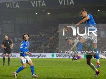 Fraser Horsfall #6 of Stockport County F.C. clears the area during the Sky Bet League 1 match between Stockport County and Wycombe Wanderers...