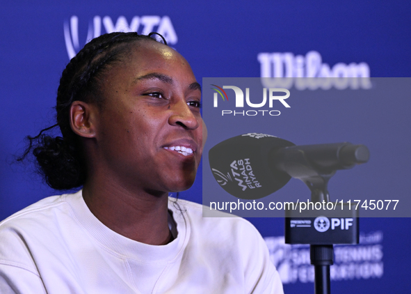 RIYADH, SAUDI ARABIA - NOVEMBER 05: Coco Gauff of USA during a press conference after she won against Iga Swiatek of Poland, on day 4 of the...