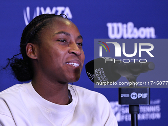 RIYADH, SAUDI ARABIA - NOVEMBER 05: Coco Gauff of USA during a press conference after she won against Iga Swiatek of Poland, on day 4 of the...