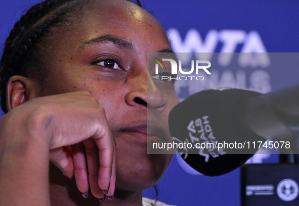 RIYADH, SAUDI ARABIA - NOVEMBER 05: Coco Gauff of USA during a press conference after she won against Iga Swiatek of Poland, on day 4 of the...