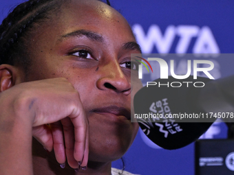 RIYADH, SAUDI ARABIA - NOVEMBER 05: Coco Gauff of USA during a press conference after she won against Iga Swiatek of Poland, on day 4 of the...