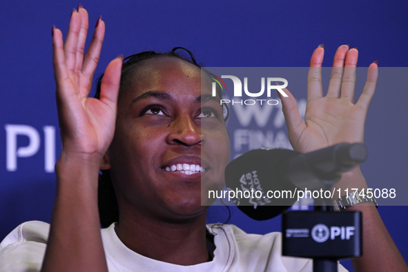 RIYADH, SAUDI ARABIA - NOVEMBER 05: Coco Gauff of USA during a press conference after she won against Iga Swiatek of Poland, on day 4 of the...