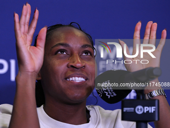 RIYADH, SAUDI ARABIA - NOVEMBER 05: Coco Gauff of USA during a press conference after she won against Iga Swiatek of Poland, on day 4 of the...