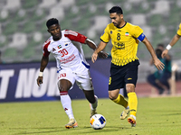 Seyed Mohammad Karimi of Asepahan SC battles for the ball with Ousmane Camar of Sharjah FC during the AFC Champions League Two Group A footb...