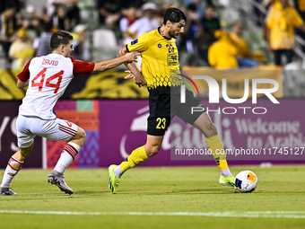 Mehdi Mohebi of Sepahan SC battles for the ball with David Petrovic of Sharjah FC during the AFC Champions League Group A football match bet...