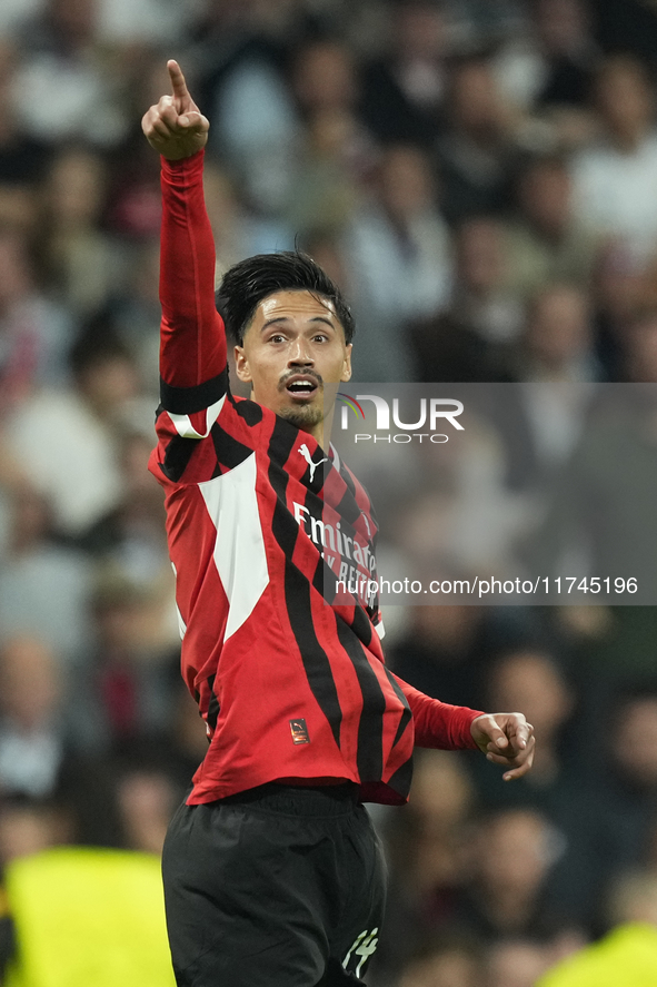 Tijjani Reijnders central midfield of AC Milan and Netherlands celebrates after scoring his sides first goal during the UEFA Champions Leagu...