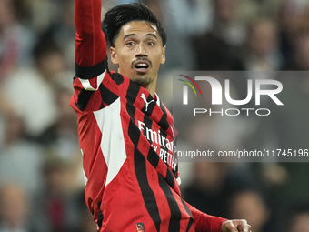 Tijjani Reijnders central midfield of AC Milan and Netherlands celebrates after scoring his sides first goal during the UEFA Champions Leagu...