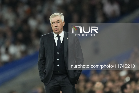 Carlo Ancelotti head coach of Real Madrid reacts during the UEFA Champions League 2024/25 League Phase MD4 match between Real Madrid C.F. an...