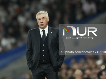 Carlo Ancelotti head coach of Real Madrid reacts during the UEFA Champions League 2024/25 League Phase MD4 match between Real Madrid C.F. an...