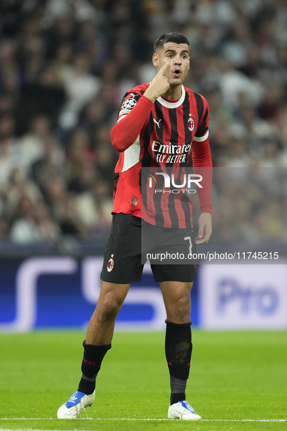 Alvaro Morata centre-forward of AC Milan and Spain protest to referee during the UEFA Champions League 2024/25 League Phase MD4 match betwee...