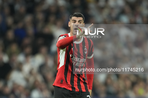 Alvaro Morata centre-forward of AC Milan and Spain protest to referee during the UEFA Champions League 2024/25 League Phase MD4 match betwee...